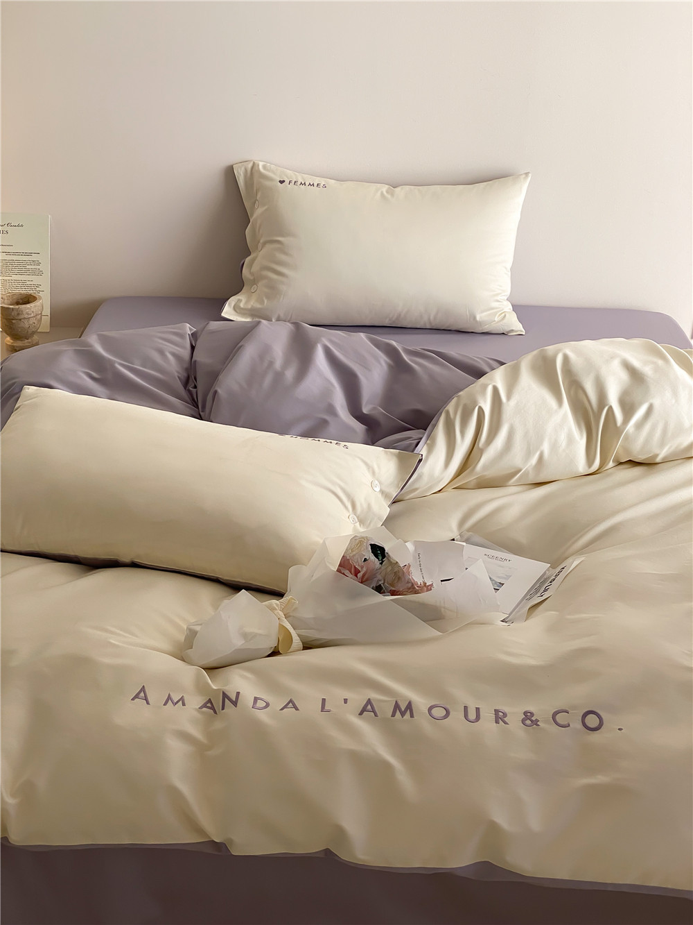 Simple, light luxury and fashionable solid-color long-staple cotton four-piece set, pure cotton letter-embroidered duvet cover, double bedding pic 11
