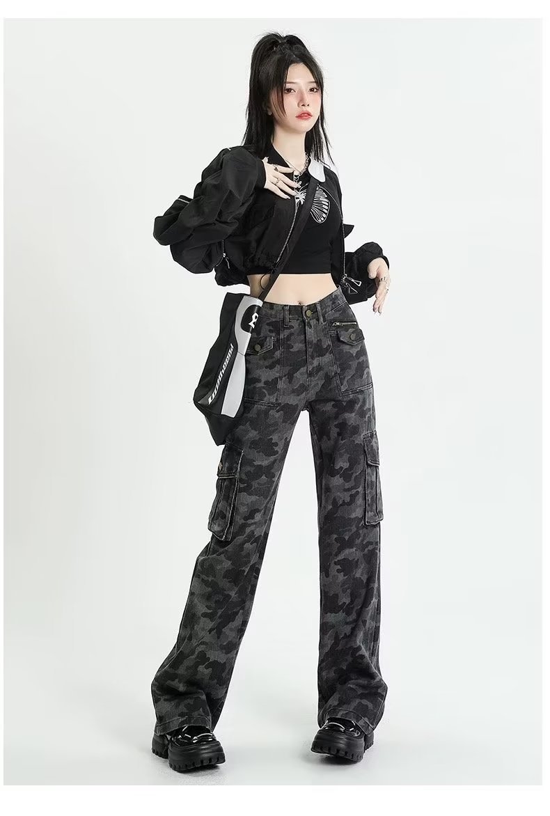 迷彩工装裤女美式高个子牛仔裤子辣妹阔腿裤迷彩服显瘦复古迷彩裤详情8