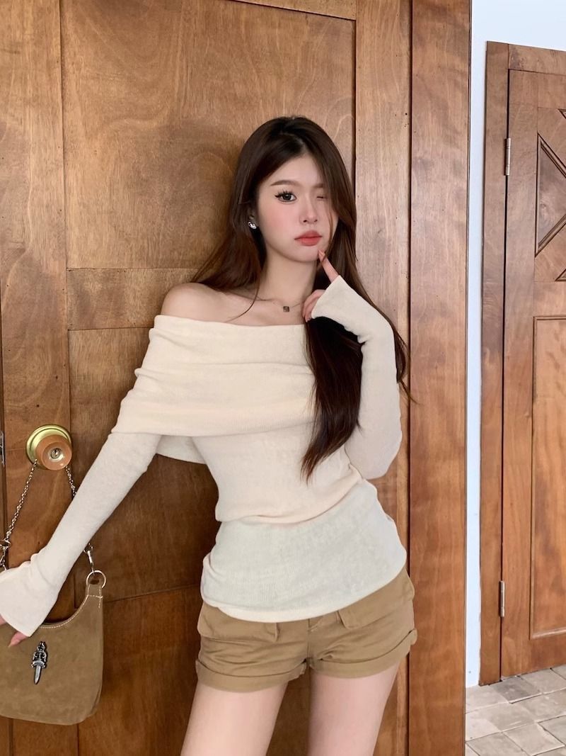 露肩一字肩上衣针织衫女秋装新款修身长袖红色漏肩黑色一字领毛衣详情13