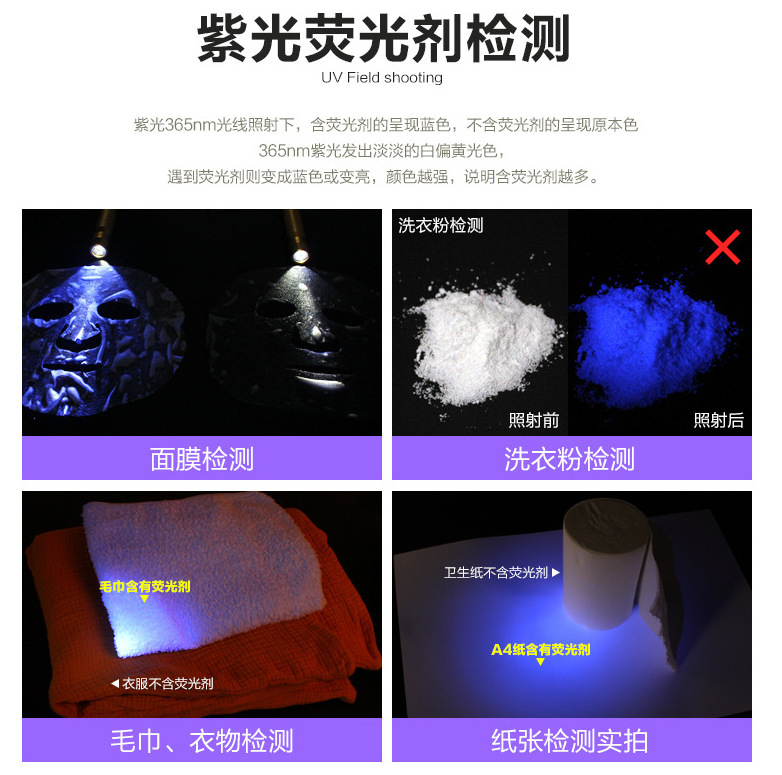 跨境铝合金强光T6手电筒照玉石专用紫光灯验钞灯395紫外线手电筒详情6