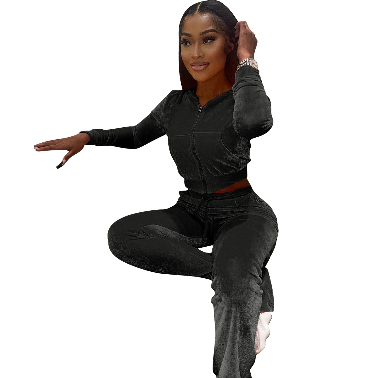 Solid color gold velvet wide-leg pants two-piece set pic 188