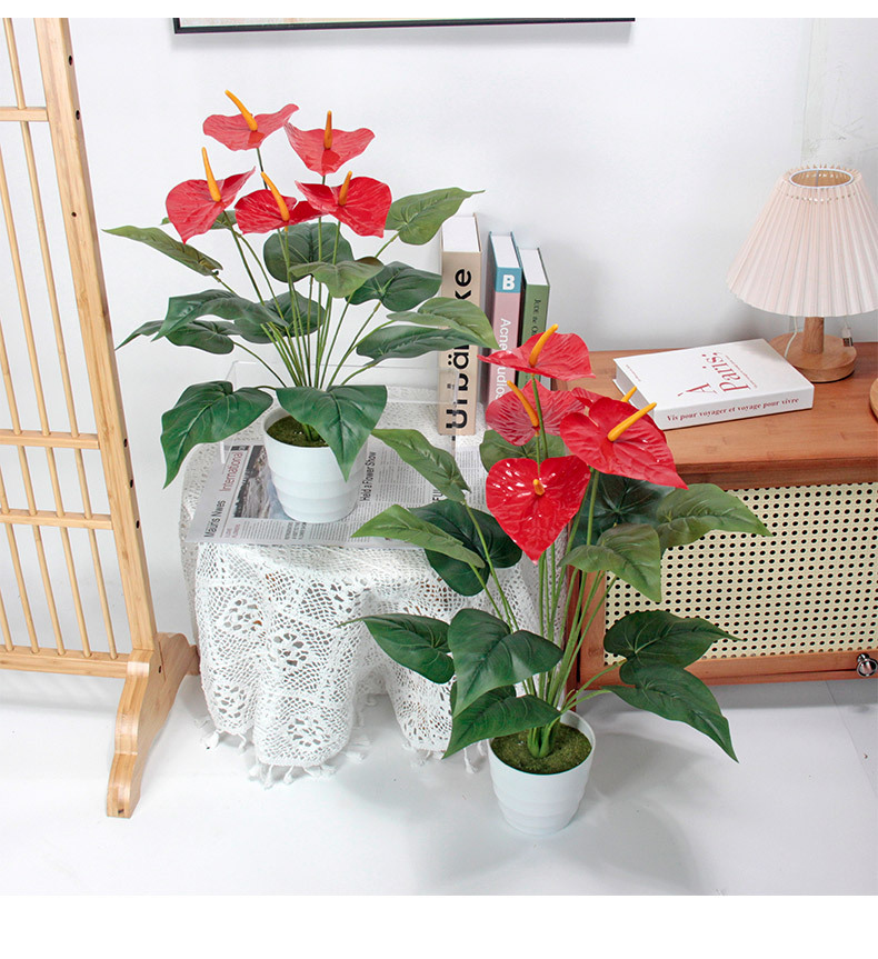 Finished handcrafted red artificial flower anthurium decoration, wedding spring plants, kalanchoe potted artificial green plants, office culture pic 13