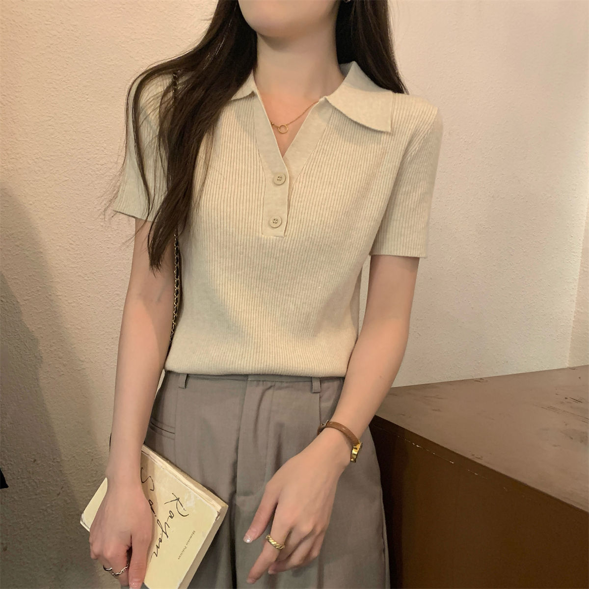 韩系坑条针织T恤夏季修身显瘦polo翻领正肩短袖女上衣气质打底衫详情21