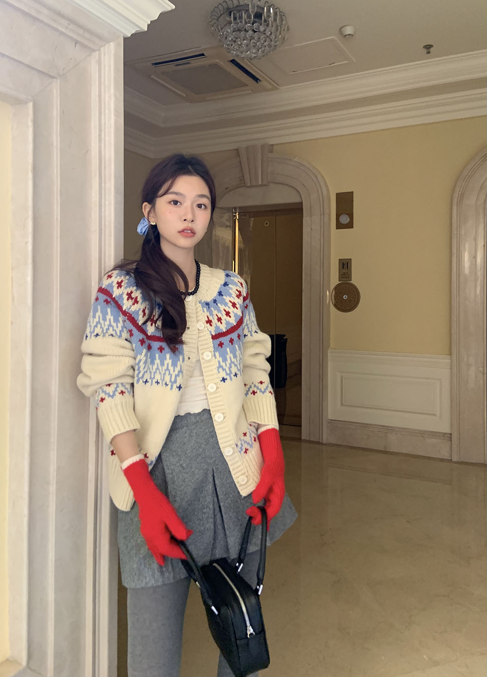 费尔岛复古美式少女撞色波普提花单排扣针织开衫厚实保暖毛衣外套详情72