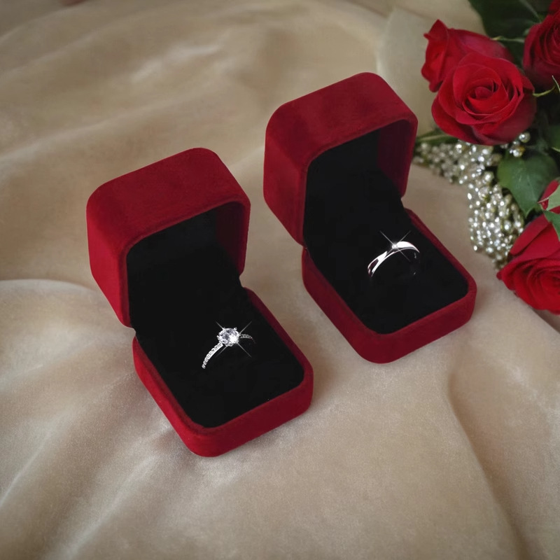 结婚戒指盒酒红色丝绒布对戒盒求婚高档钻戒收纳盒子婚礼道具交换详情2