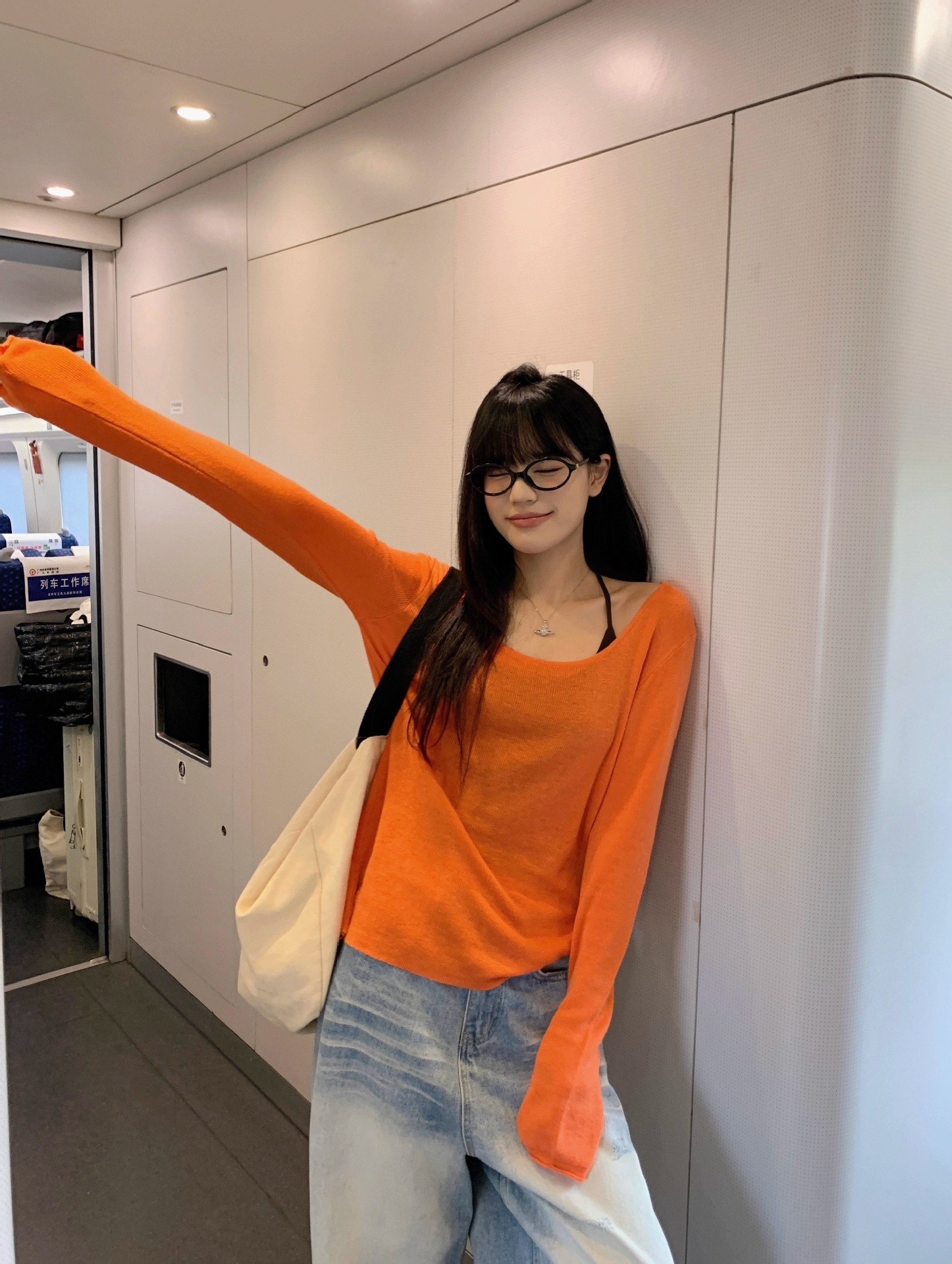2025夏纯欲橘色薄款长袖防晒罩衫T恤女夏季辣妹宽松休闲露肩上衣详情15