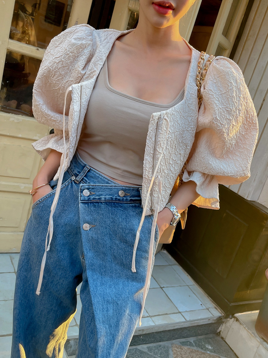 韩国chic春季复古小众高腰百搭不规则斜扣设计感阔腿牛仔裤长裤女详情18