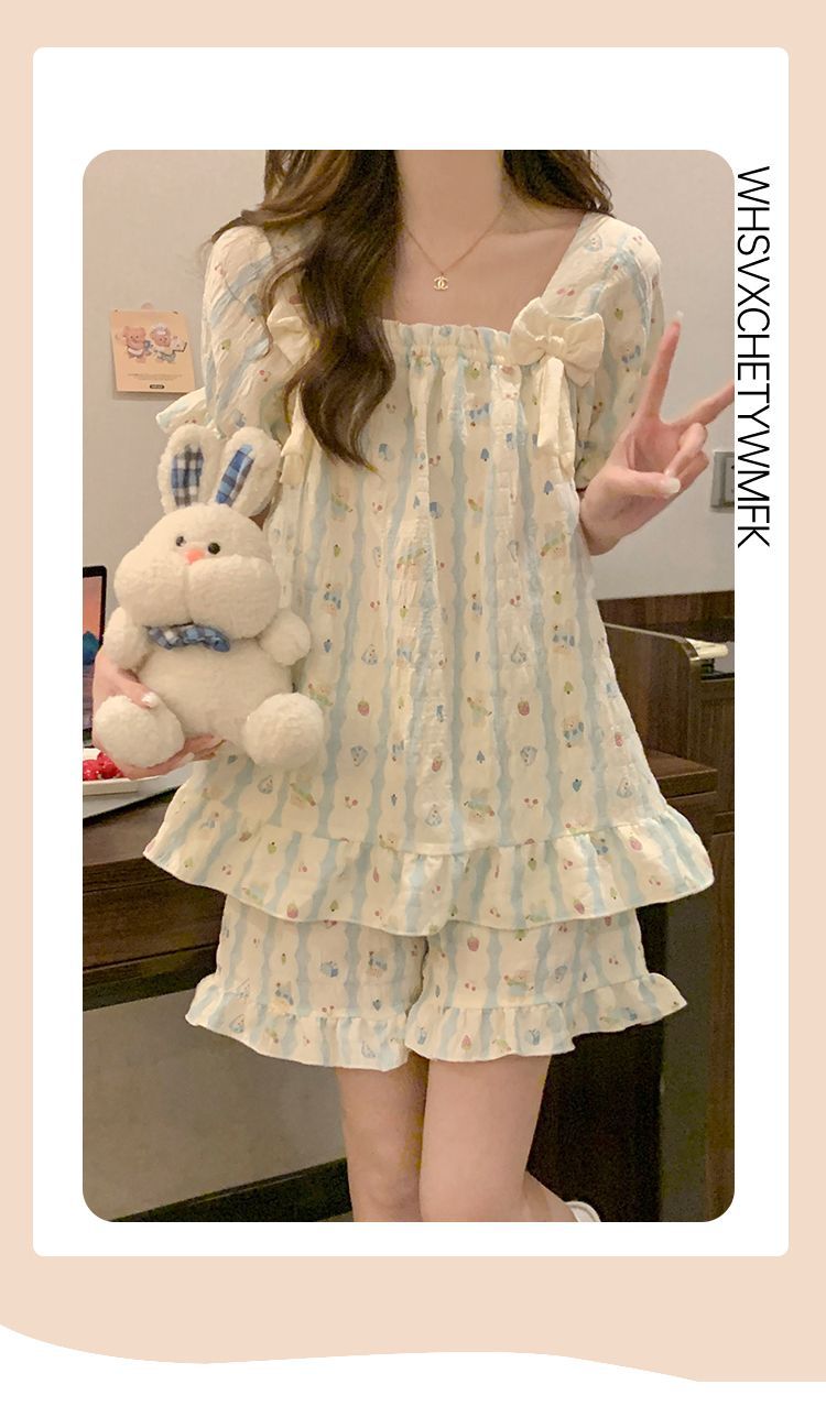 Cloud cotton pajamas for women, summer with chest pads, short sleeves and shorts, Korean sweet princess-style home wear set, can be worn outside pic 4