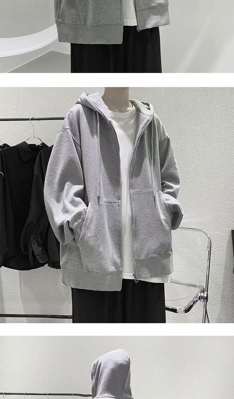 开衫卫衣男式秋季连帽衫纯色衣服加绒拉链宽松外套男士秋冬运动衫详情6