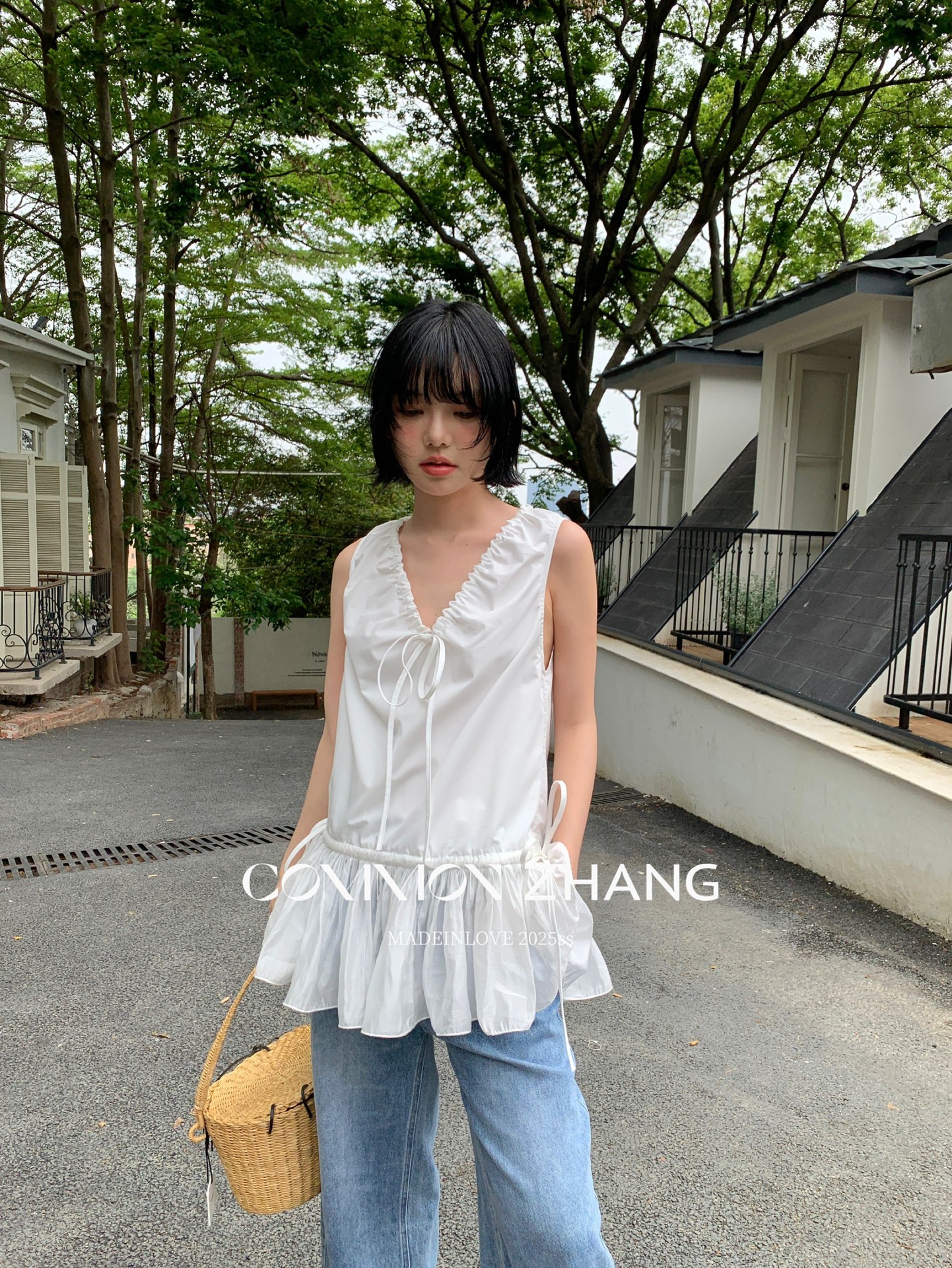 CZ ZHANG Summer French mint Manbo V-neck lace-up Youthful A-line puffed vest dress for women, B23782 pic 30