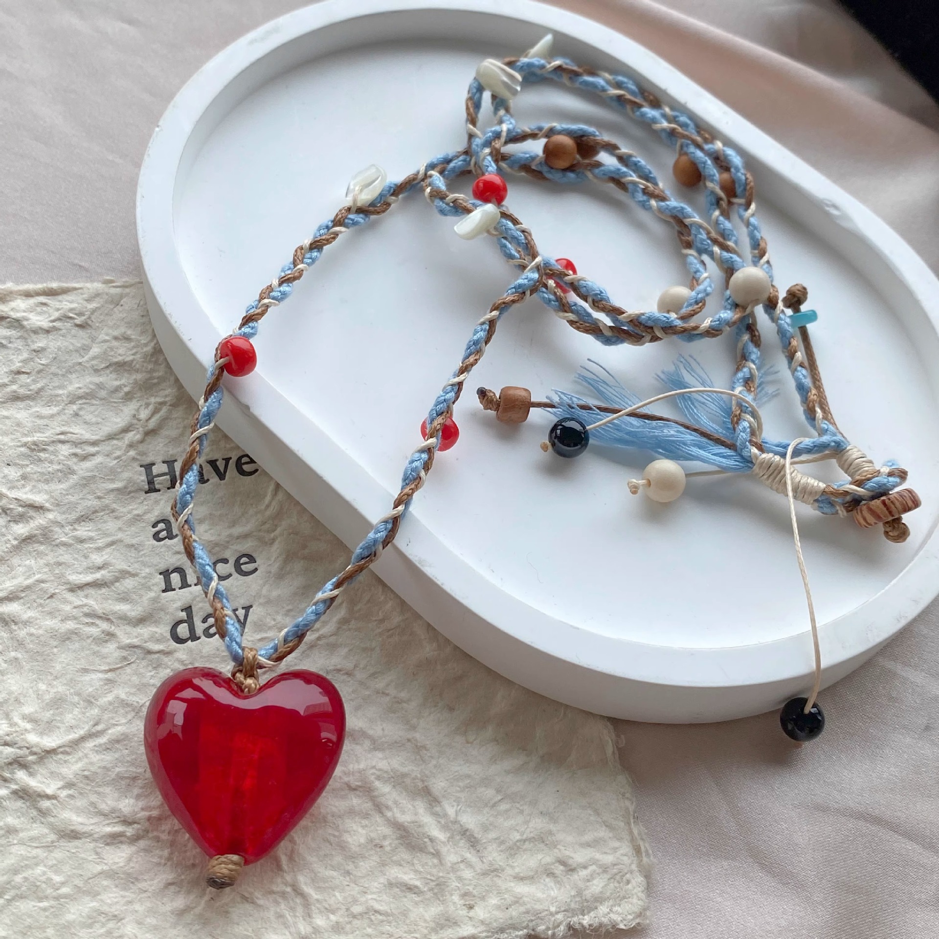 复古老琉璃彩绳编织红色爱心天然石吊坠项链女士长款毛衣链多巴胺详情11