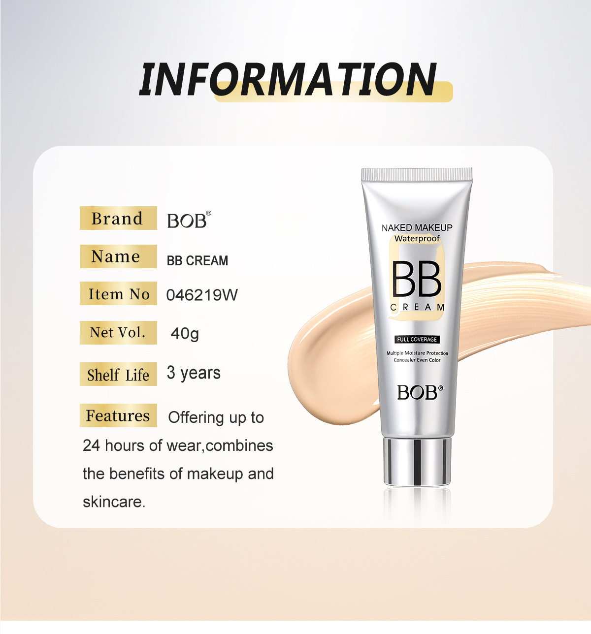 跨境专供bob隔离BB霜自然遮瑕不卡粉水润保湿持久粉底素颜霜现货详情10