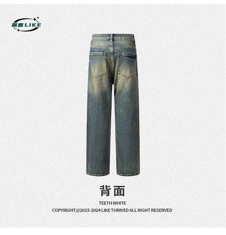 American retro yellow mud-dyed straight-leg jeans for men, vintage washed loose wide-leg pants for men pic 15