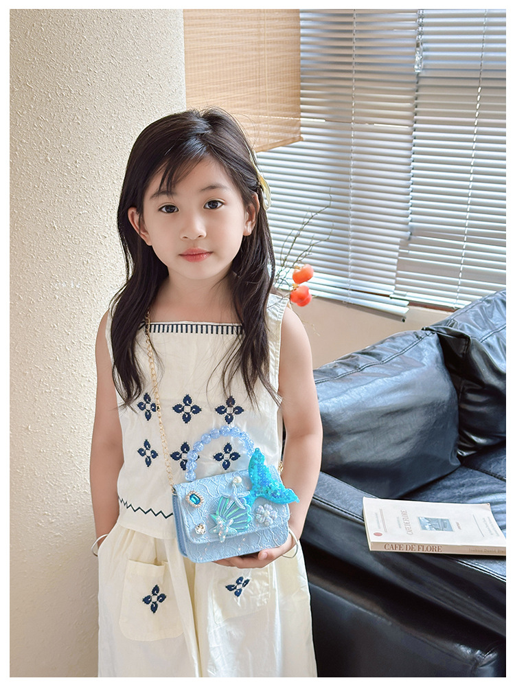 新款儿童珍珠手提包可爱美人鱼蕾丝公主包女宝时尚游玩搭配斜挎包详情15