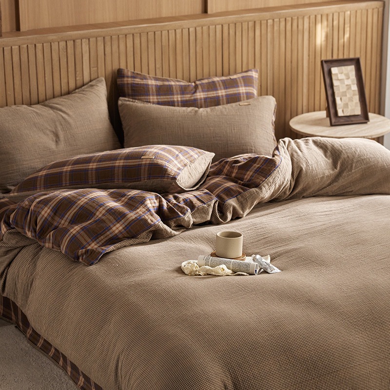 All-cotton Class A double-layer yarn four-piece set, double-layer yarn quilt cover and bed sheet four-piece set, pure cotton double-layer yarn checkered four-piece set pic 48