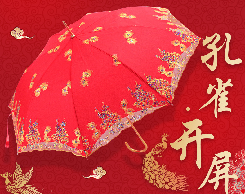 Red umbrella with Chinese trend, wedding bride umbrella, wedding celebration, lace trim, embroidered, big red long handle, red umbrella for celebrating the wedding pic 4