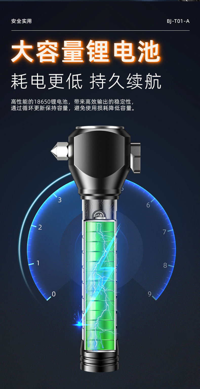 Super Art Multi-functional outdoor fire safety hammer, strong light flashlight charging, explosion-proof alarm, red and blue flash emergency self-driving safety tool pic 14