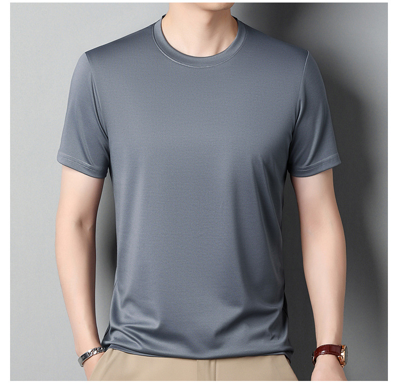 2024夏季新款桑蚕丝男士短袖纯色休闲中年薄款透气体恤男t恤批发详情17