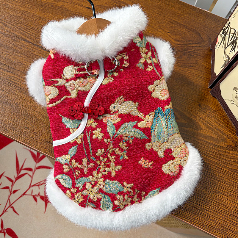 New Year Autumn and Winter double-layer thickened fleece Chinese-style jade rabbit pet dog and cat clothing, clothing and accessories, Tang suits, bichon Frises, Teddy bears pic 4