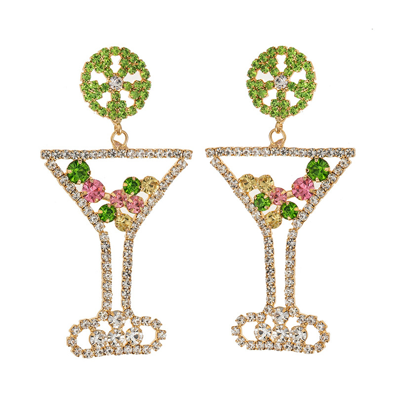 万圣节节日氛围耳饰设计感新款绿色酒杯混彩水钻耳环欧美跨境个性度假风满钻垂坠耳饰详情7