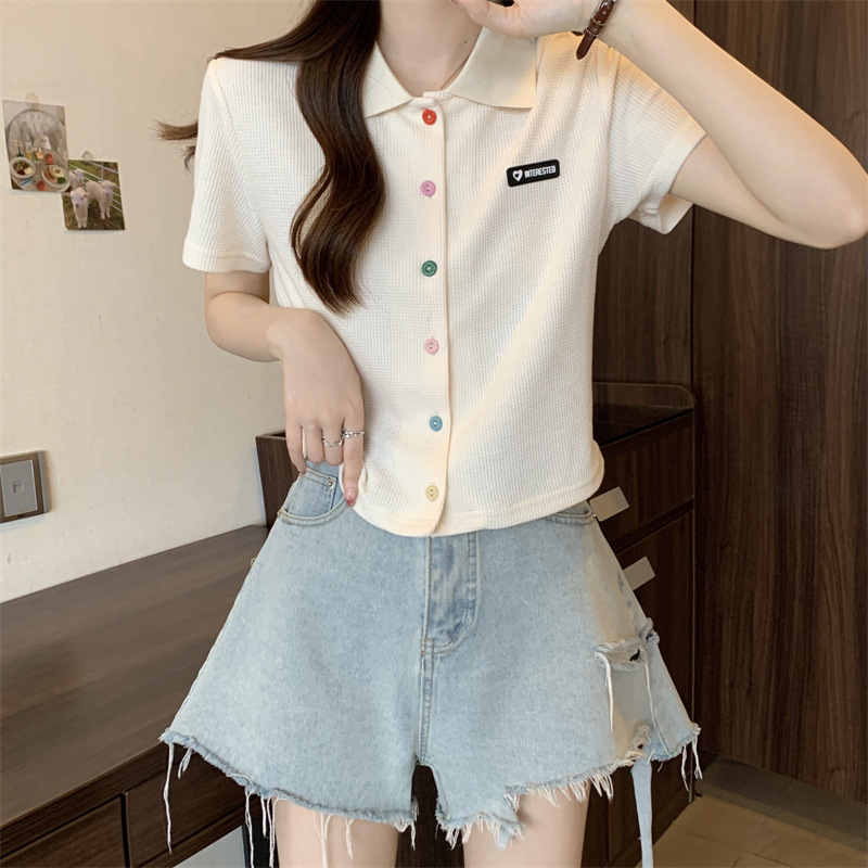 夏季大码胖mm学院风减龄彩色扣polo领正肩黑色短袖T恤女小衫上衣详情18