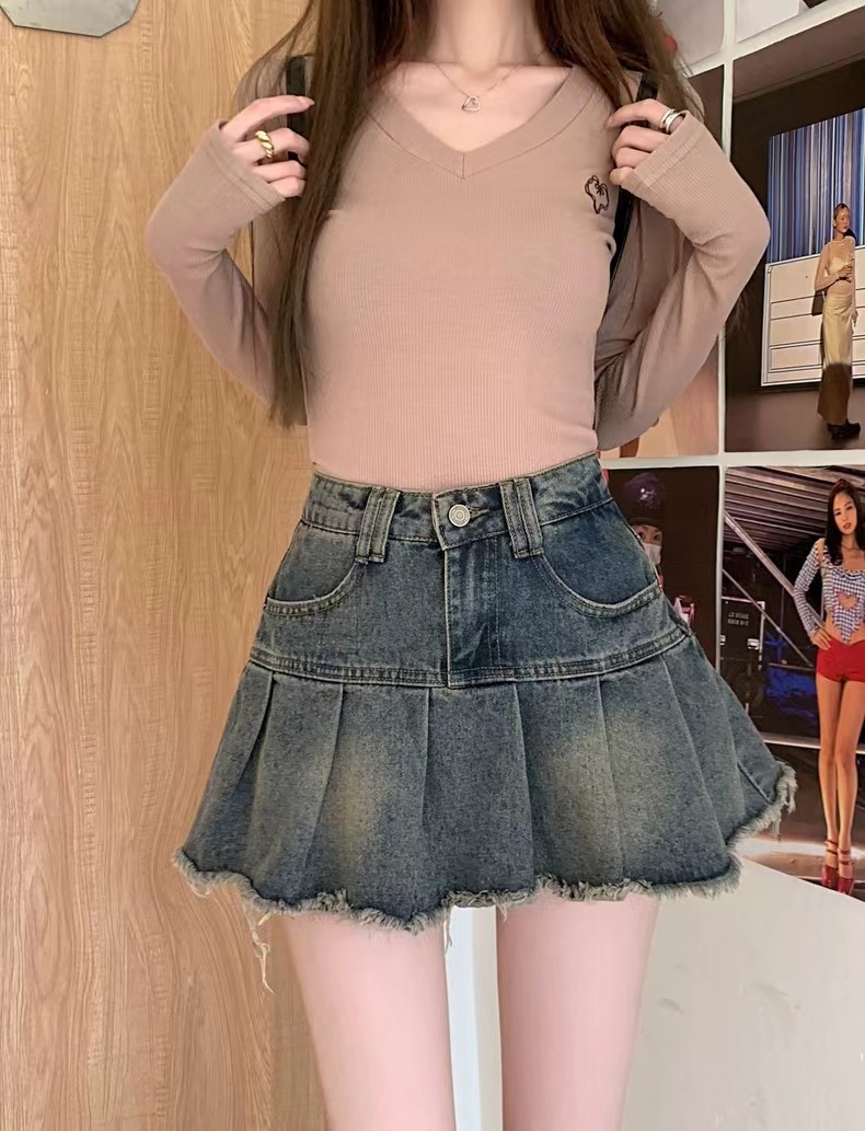 辣妹复古百褶牛仔半身裙女2024新款夏季高腰a字防走光包臀短裙子详情11