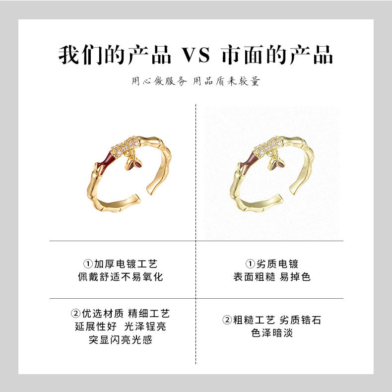 Light luxury Chinese-style bamboo joint open ring, copper alloy micro-inlaid zircon enamel oil drip pendant design, adjustable ring pic 18
