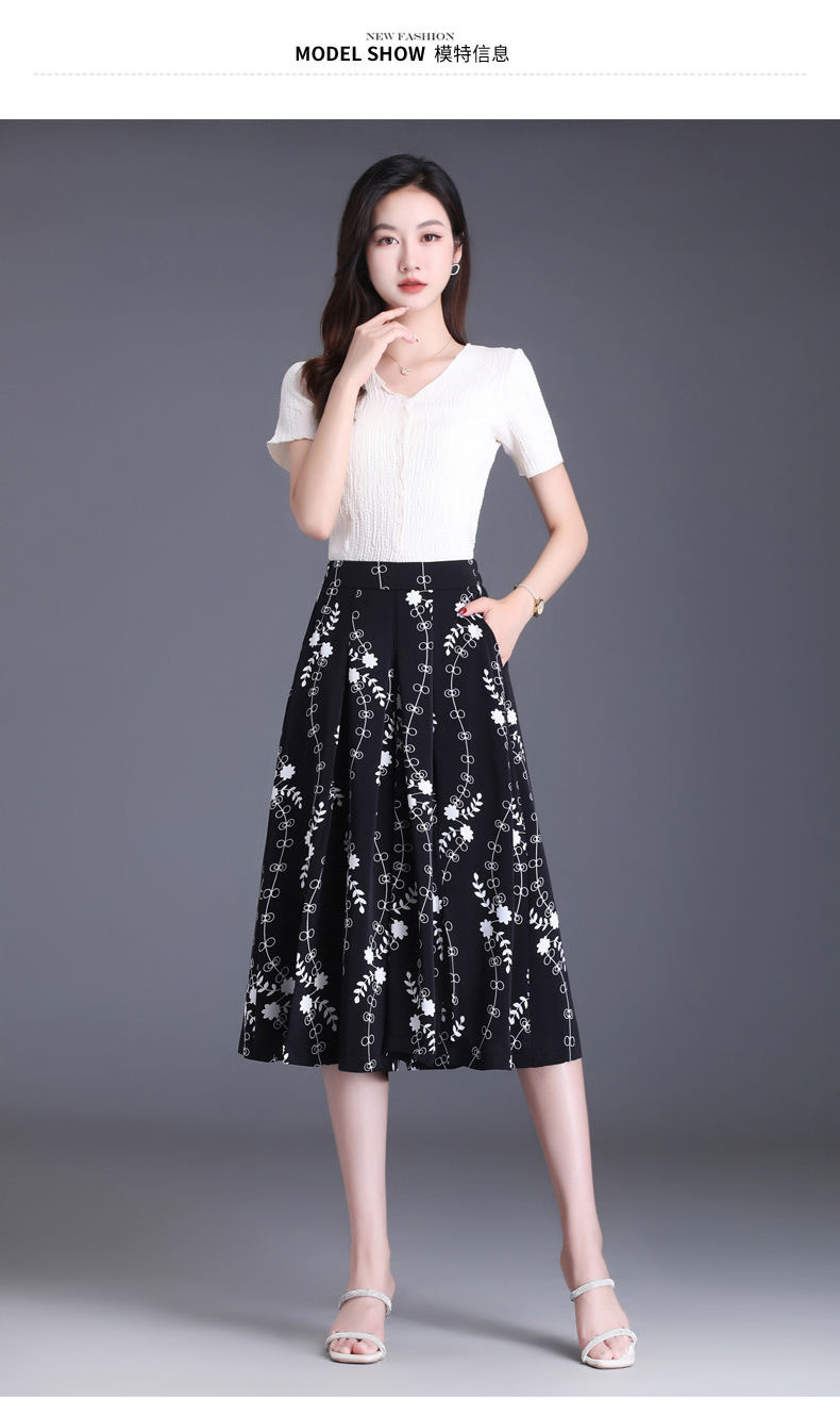 Black and white printed caprix pants for women, summer thin chiffon split skirt pants, loose casual pants, high-end ice silk wide-leg pants pic 8