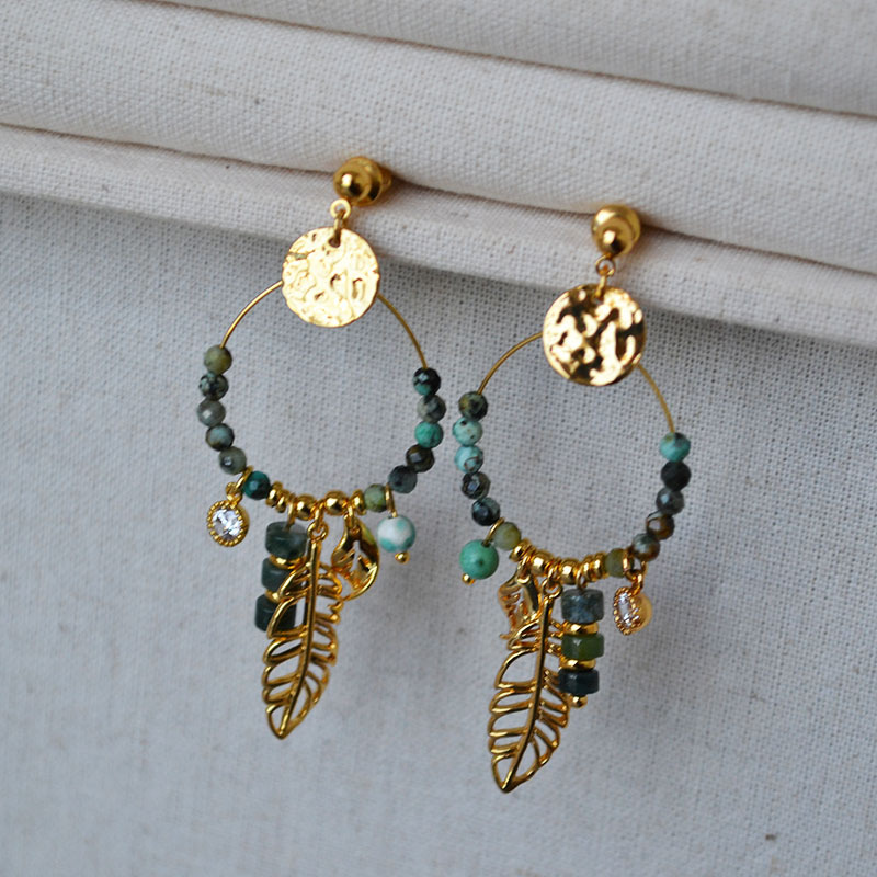 欧美小众设计复古文艺绿松石树叶捕梦网925银针气质百搭耳钉耳饰详情7