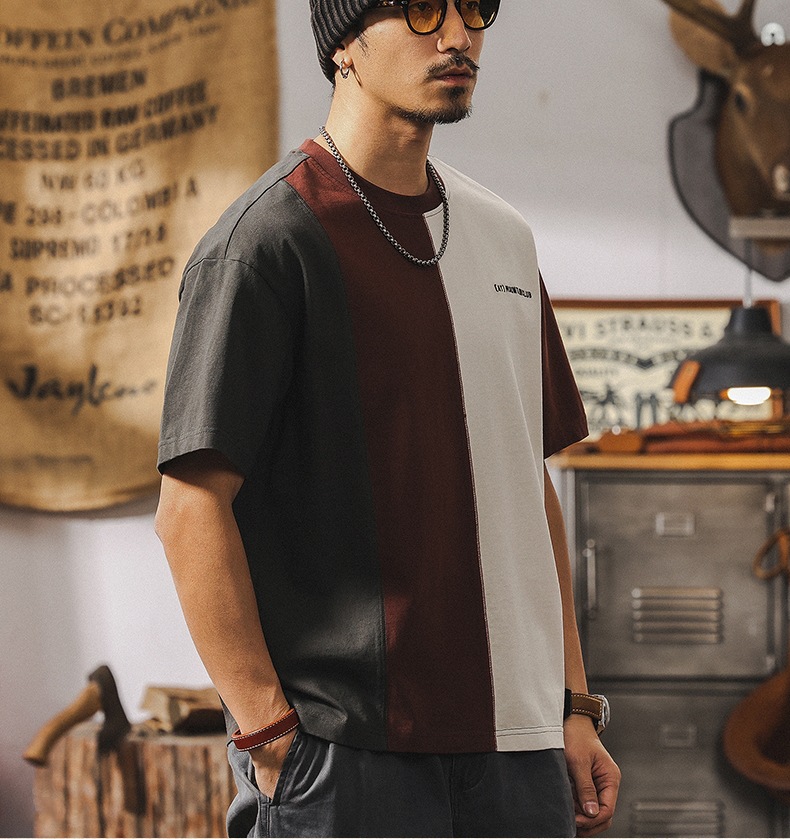 拼接撞色设计短袖男夏季2025新款美式复古重磅T恤男纯棉宽松上衣详情18