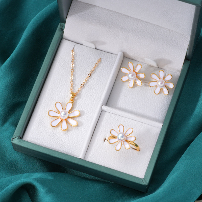 Pearl ring, earneedle pendant, three-piece set, empty stand, four-petal flower, white butterfly shell design, high-end DIY light luxury earrings pic 20