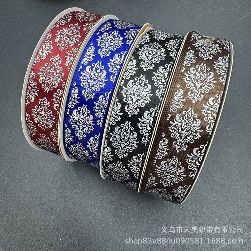 2.5cm图腾镭射烫银丝带吧唧托手工diy彩带鲜花礼品包装蝴蝶结织带详情5