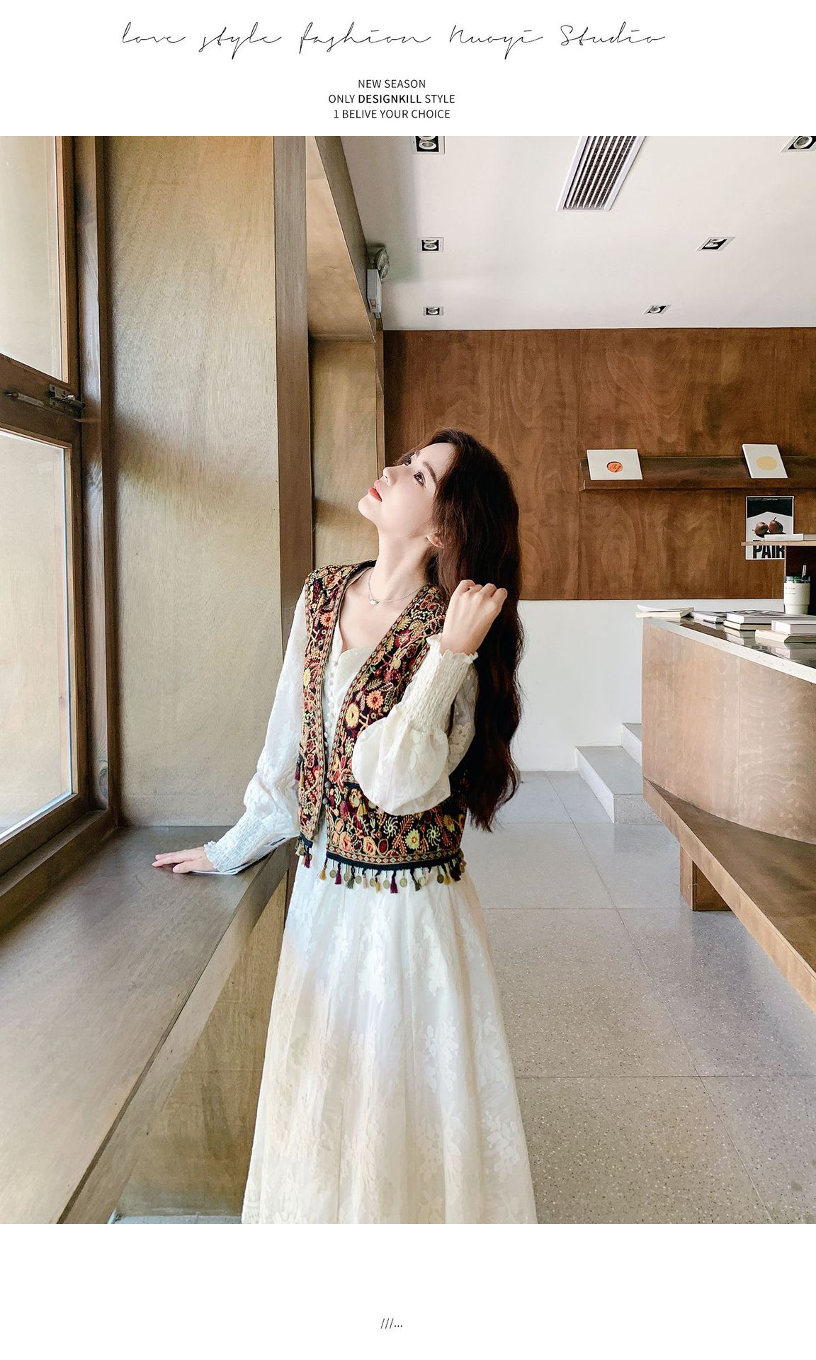 Real shot Bohemian fringed vest jacquard long dress two-piece set 2025 autumn collection lace patchwork V-neck dress pic 29