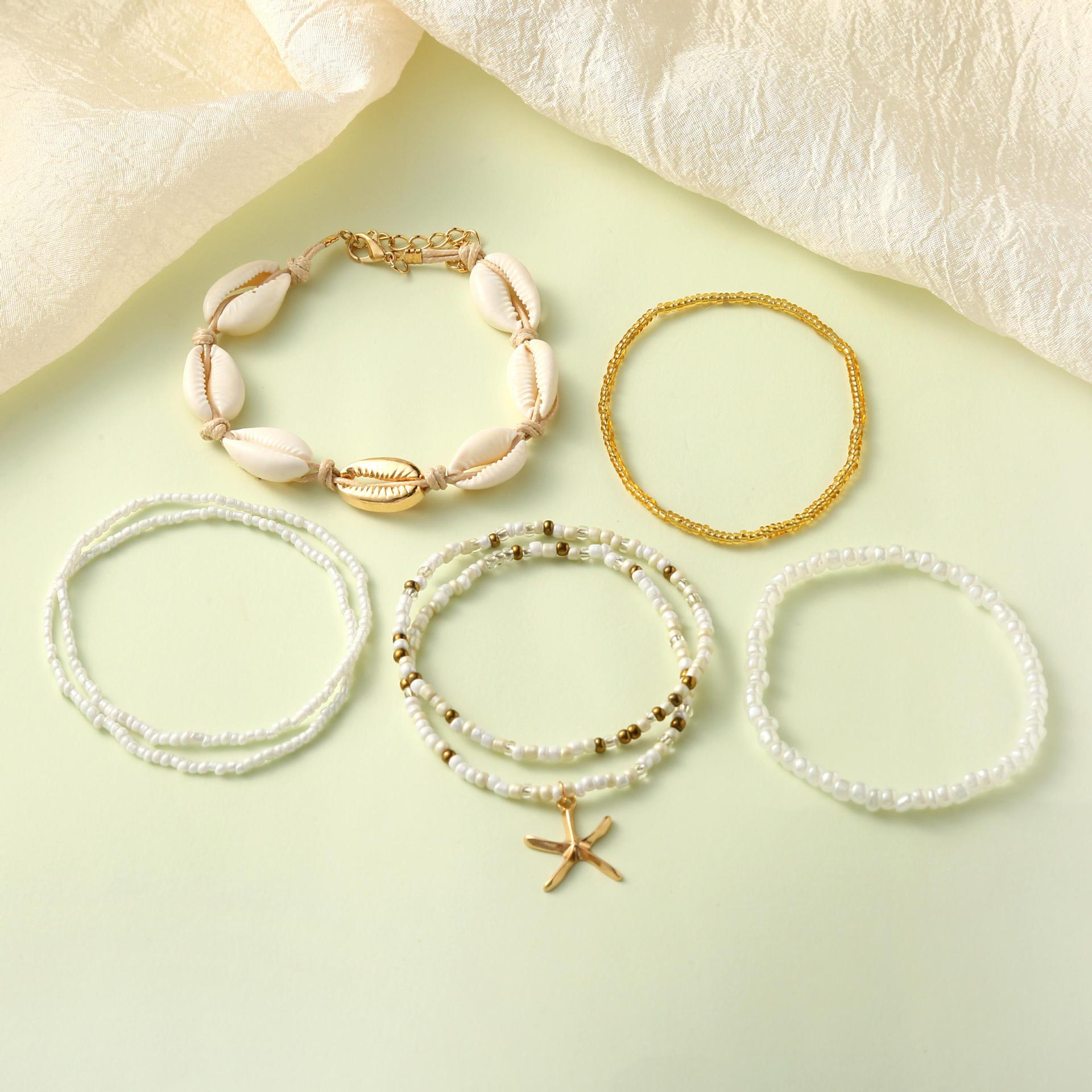 欧美跨境沙滩贝壳时尚风饰品银白米珠贝壳七件套脚链沙滩简约风详情3