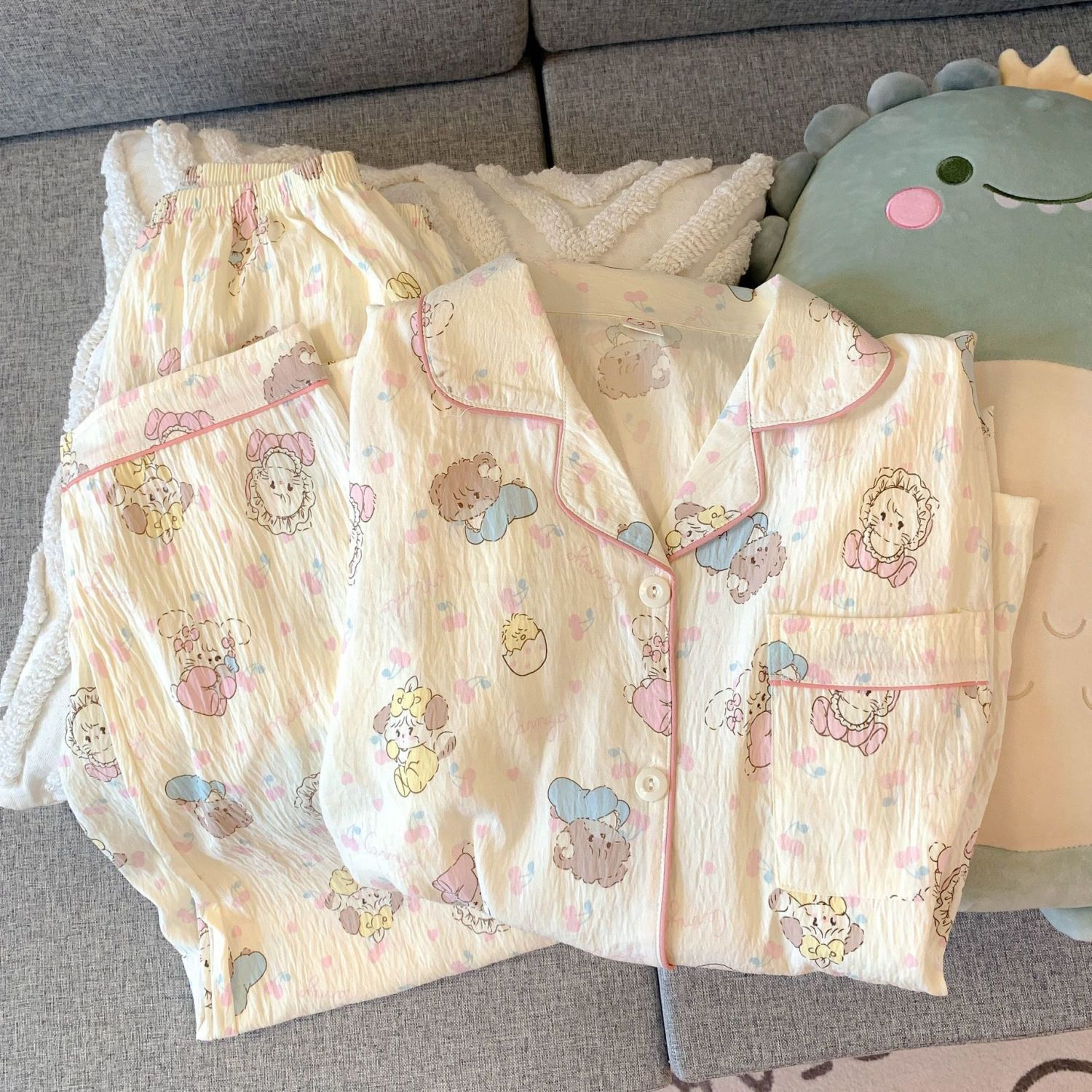 Cute cartoon mikko pajamas for girls in spring and autumn, cloud cotton long-sleeved, sweet student and Internet celebrity home wear set for summer pic 1