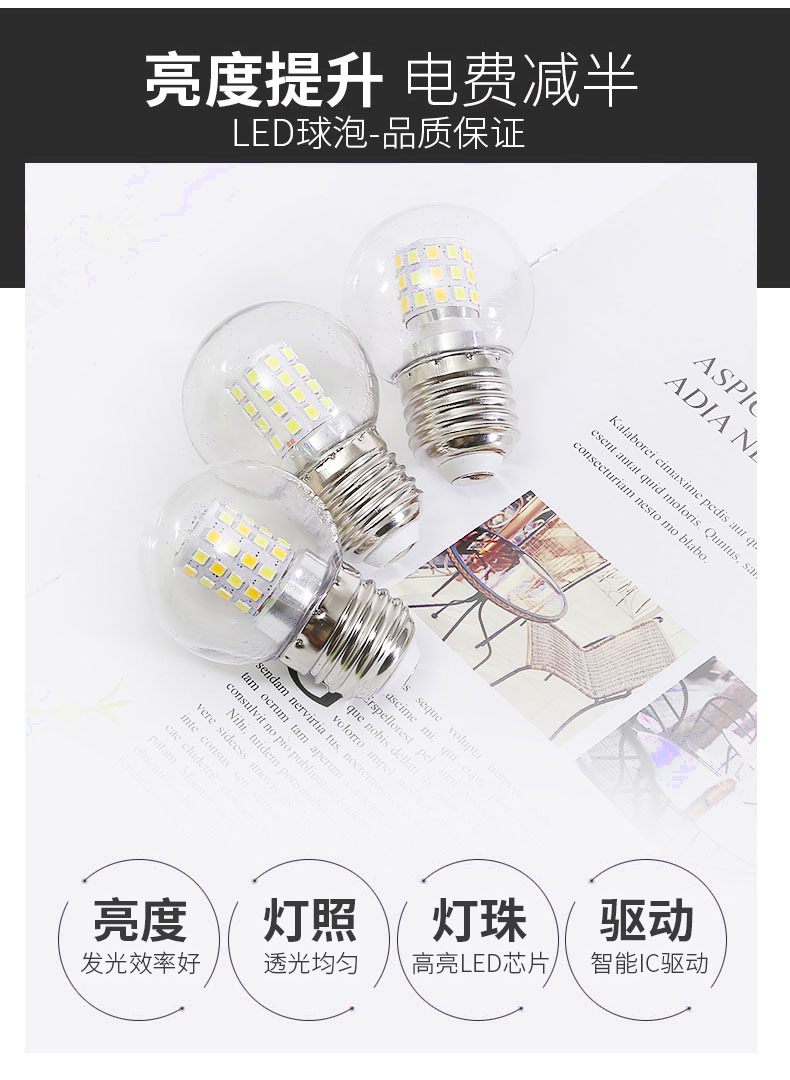 LED高亮超短灯泡G45魔豆球泡E27恒流无频闪蘑菇灯泡110V-220V可用详情9