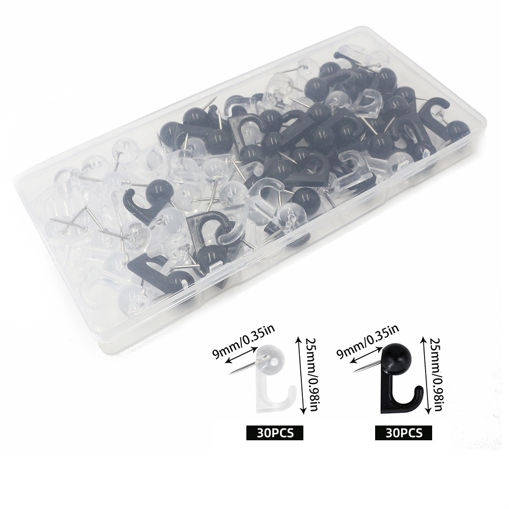 60枚/盒挂钩钉黑白色软木板按钉墙壁装饰固定钉收纳物品挂钩图钉详情1