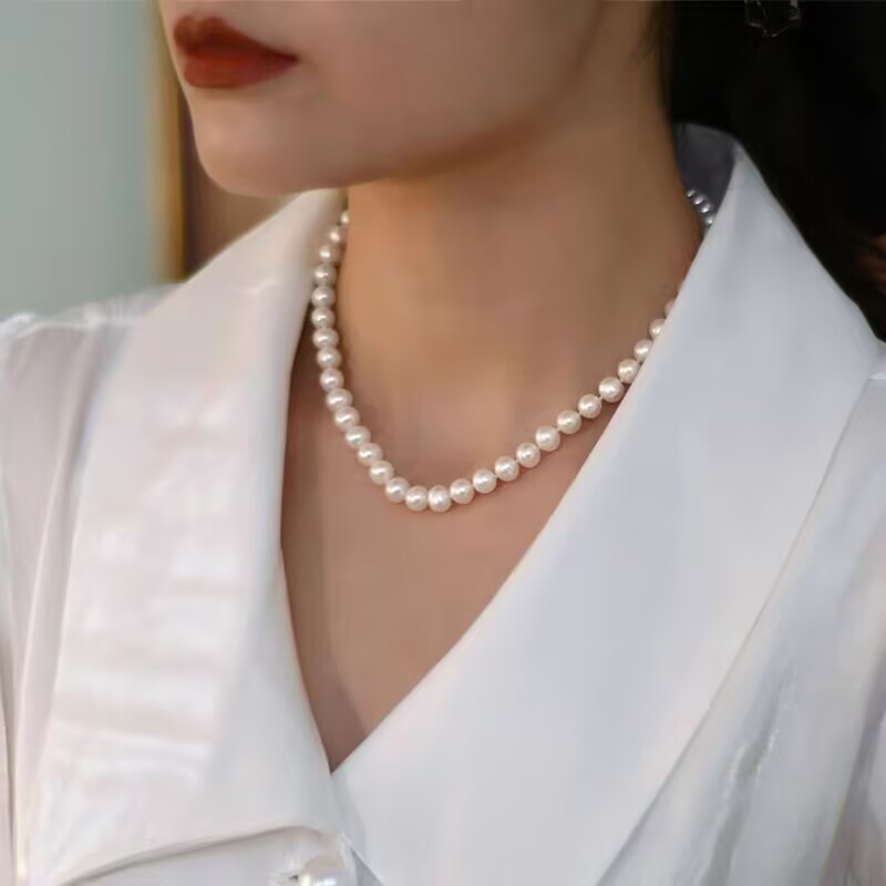 天然淡水珍珠项链女7mm近圆白色强光螺纹珍珠项链轻奢锁骨链颈链详情12