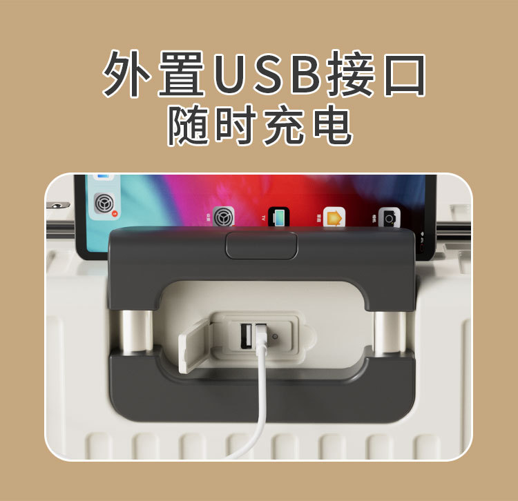 行李箱厂家代发 新款20寸休闲拉链旅行箱 静音杯架USB密码拉杆箱详情9