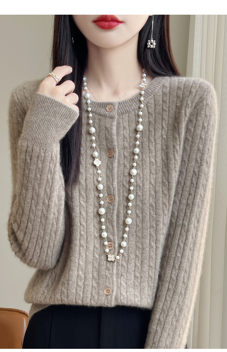 濮院100全羊毛针织毛衣女圆领麻花开衫羊绒外套韩系软糯外穿上衣详情18