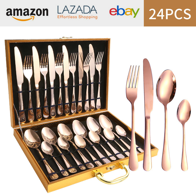 亚马逊1010不锈钢餐具24件餐具套装金色刀叉勺四主件跨境礼盒套装详情25
