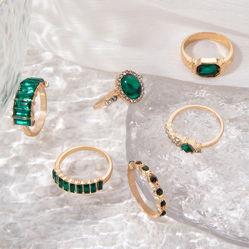 欧美跨境复古个性饰品 绿色镶钻六件套戒指 仿宝石轻奢戒指套装详情4