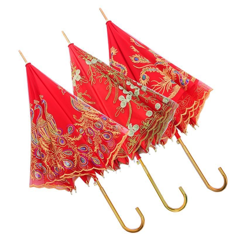 国潮1婚庆新娘伞红伞结婚用品红色雨伞长柄大红色订婚出嫁蕾丝花边红伞详情24