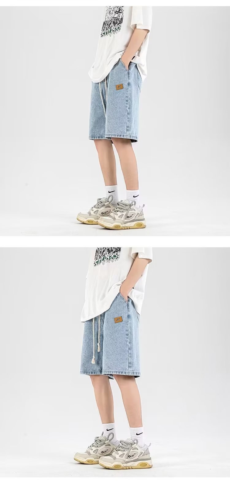 FUIV 夏季港风大码贴标牛仔裤短裤嘻哈ins潮男外贸宽松情侣五分裤 pic 10