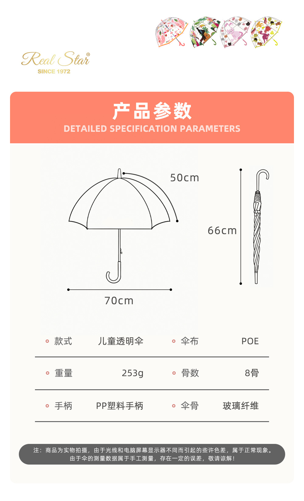 25年新品【跨境】儿童透明雨伞卡通猫咪恐龙图案19寸外贸伞现货详情14