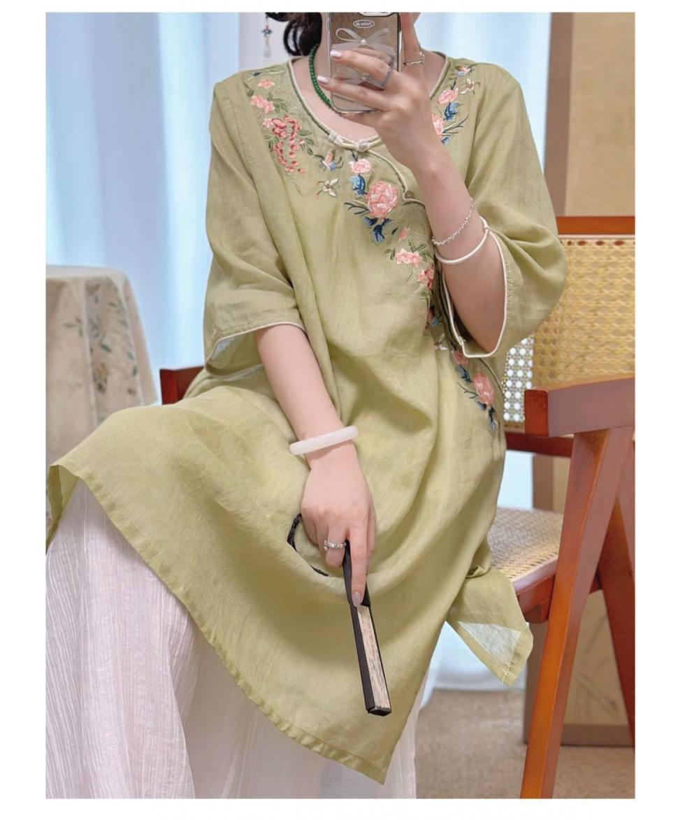 New spring and summer style of improved cheongsam, pure cotton, retro embroidery, Zen tea dress, mid-sleeved dress for women pic 5