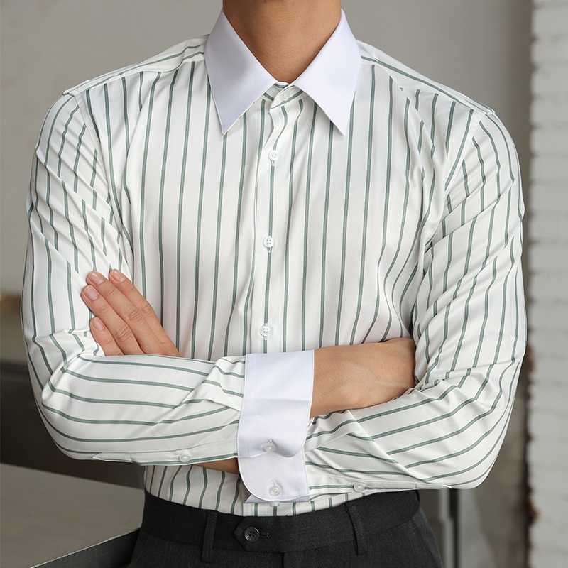 秋季休闲撞色异色领条纹长袖衬衫男士英伦商务修身衬衣跨境亚马逊详情4