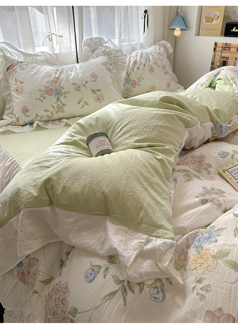 French romantic princess-style lace washed cotton four-piece set, small floral skin-friendly quilt cover, dormitory three-piece set, bed skirt style pic 46