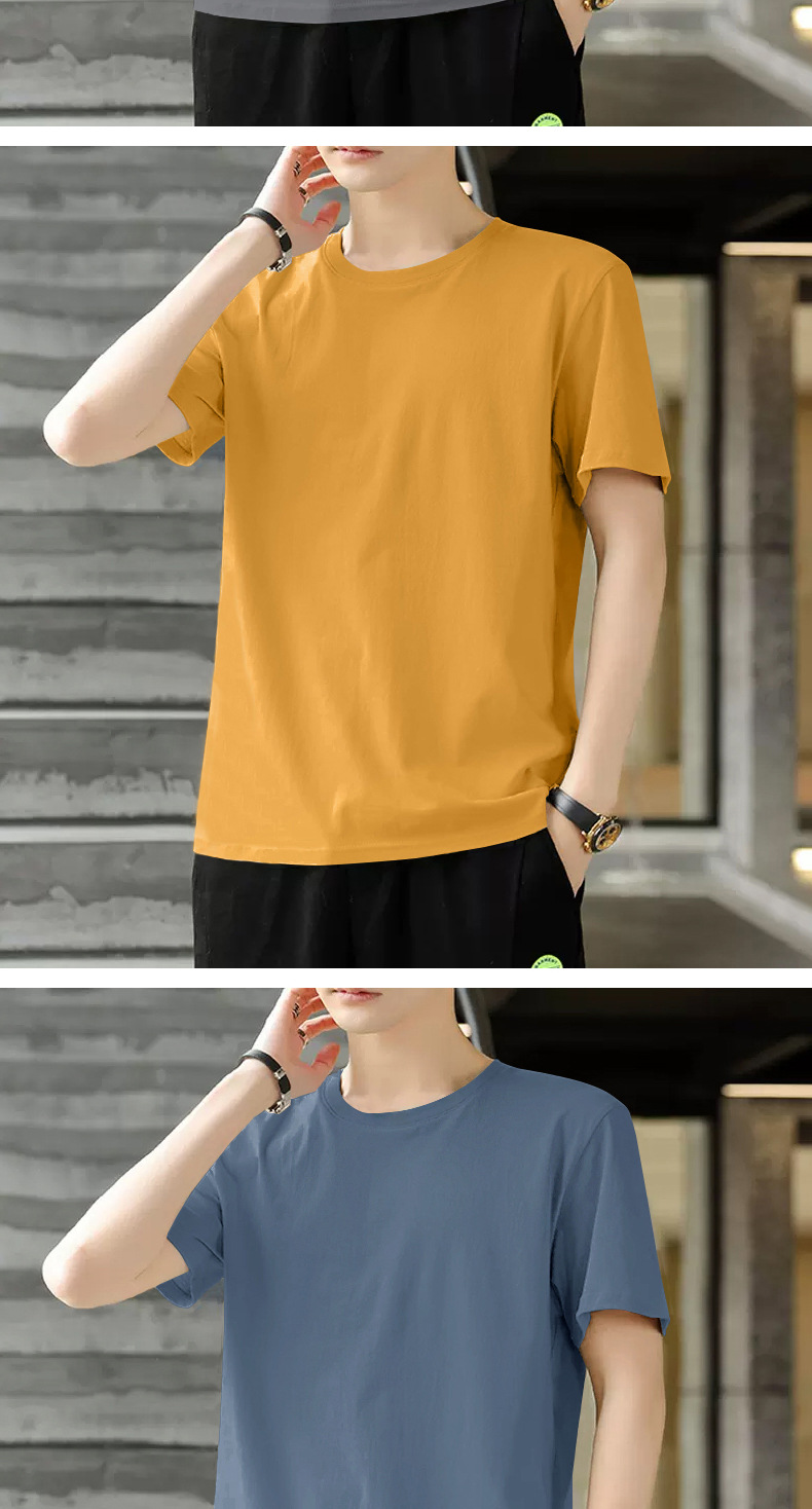 Algodón manga corta camiseta hombre verano slim slim cuello redondo versión en color sólido top tendencia media juventud casual legging pic 7