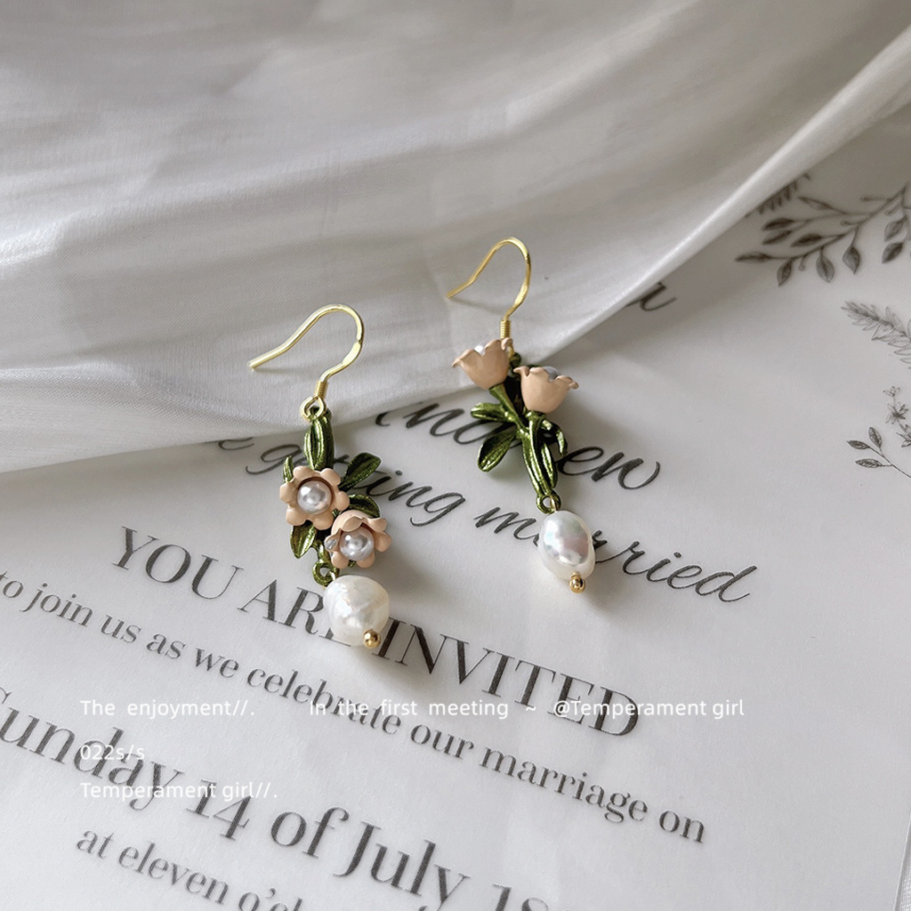 Freshwater pearl 925 silver needle asymmetrical handcrafted design, lily of the valley earrings, French high-end style, earrings factory pic 4